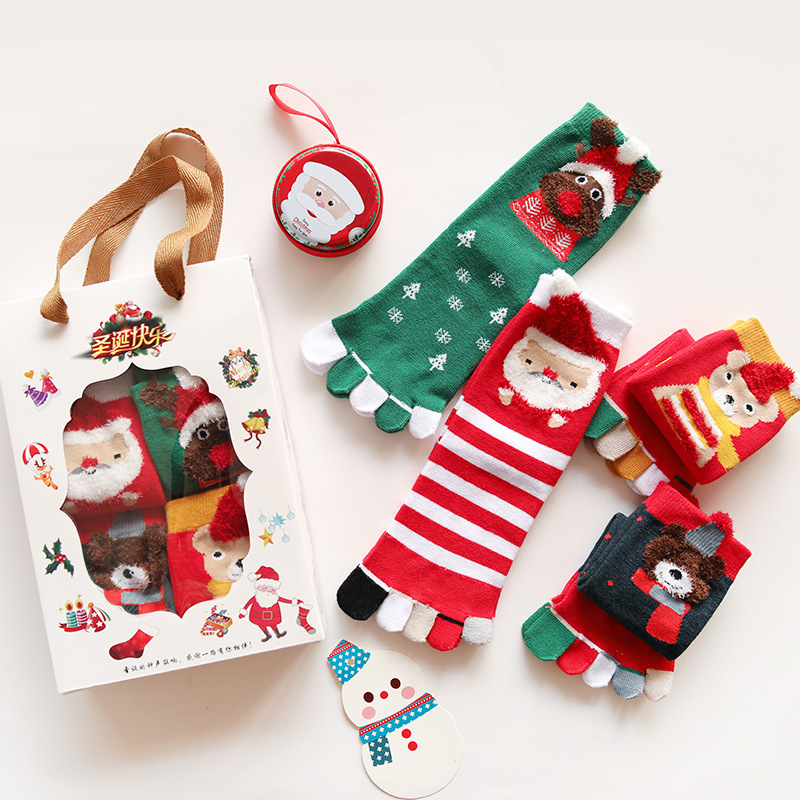 Christmas Toe Socks In Tube Female Cotton Dongkuan Cartoon Christmas Socks Absorb Sweat Warm Toe Socks Gift Box